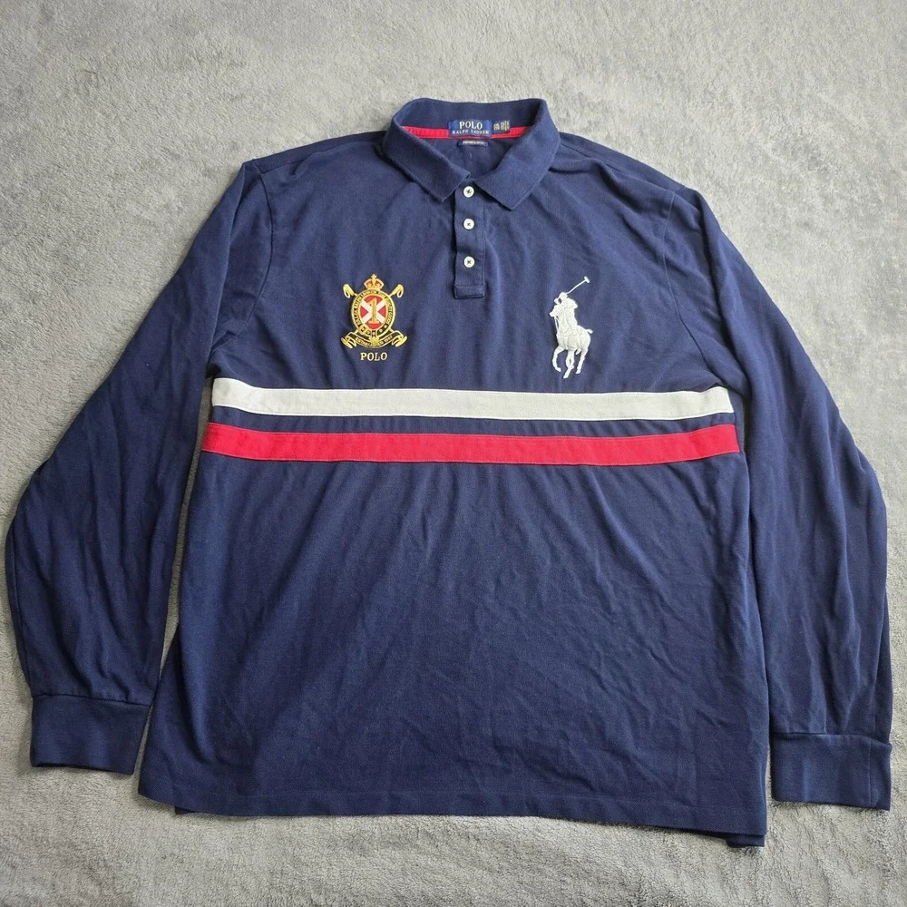 POLO RALPH LAUREN Men's XXL Gold Crest Big Pony Custom Slim Fit L/S Polo Navy